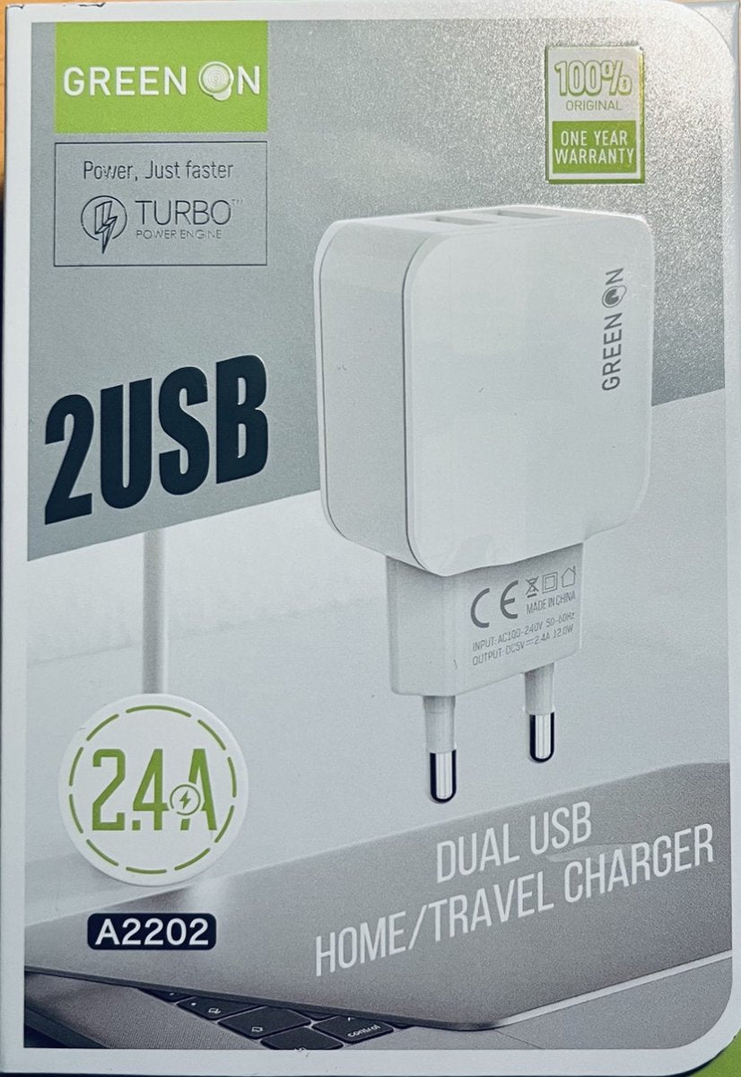 Green On 2.4A Dual USB Oplader